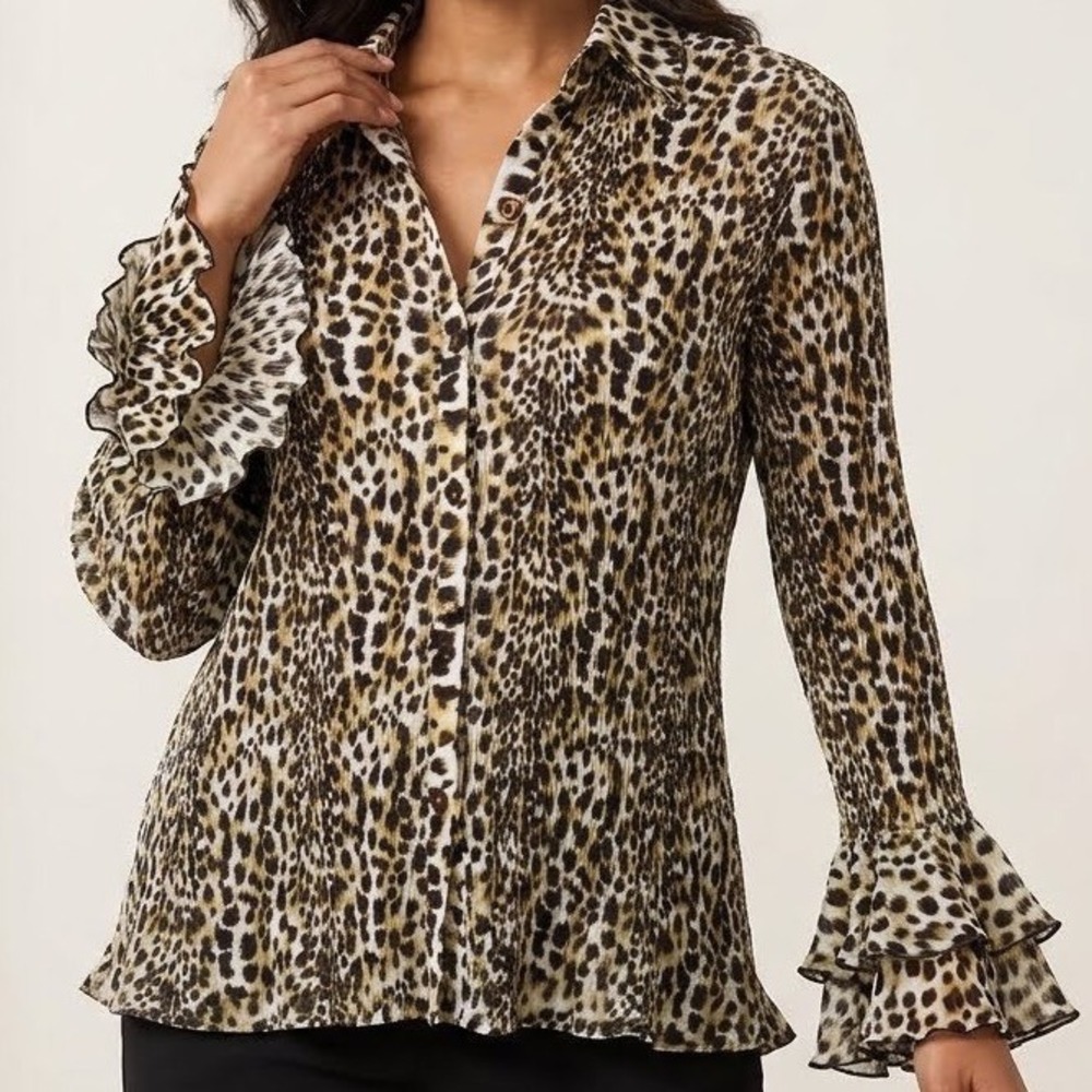Essentials by Milano Vintage Y2K Leopard Bell Sleeve Shirt Small Animal Print